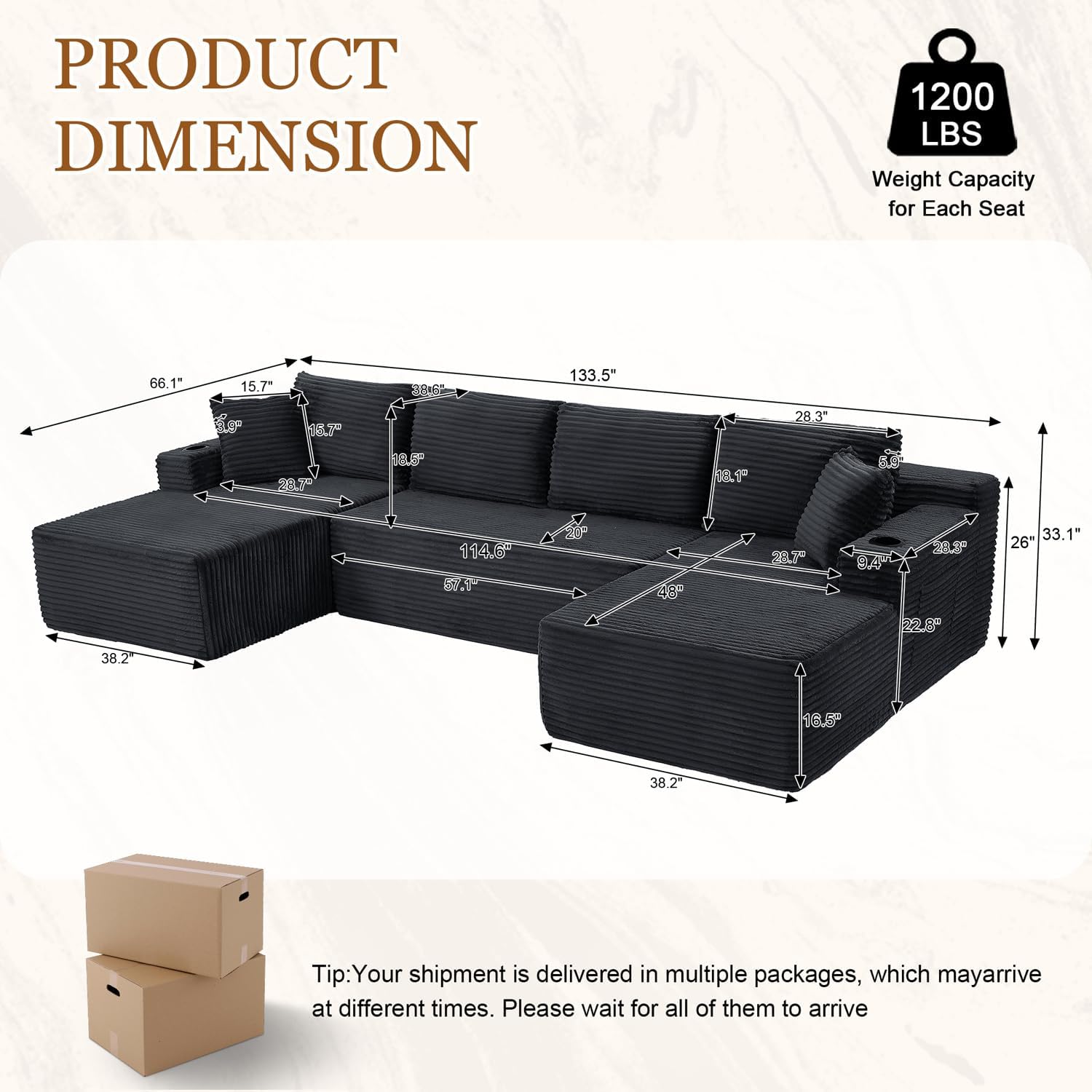 Modular Sectional Sleeper Sofa,134 Inch Boneless Cloud Couch for Living Room, U Shaped 5 Seat Sofa with 2 Storage Pockets& 2 Cup Holders, Free Combination, No Assembly Required (Dark Grey)