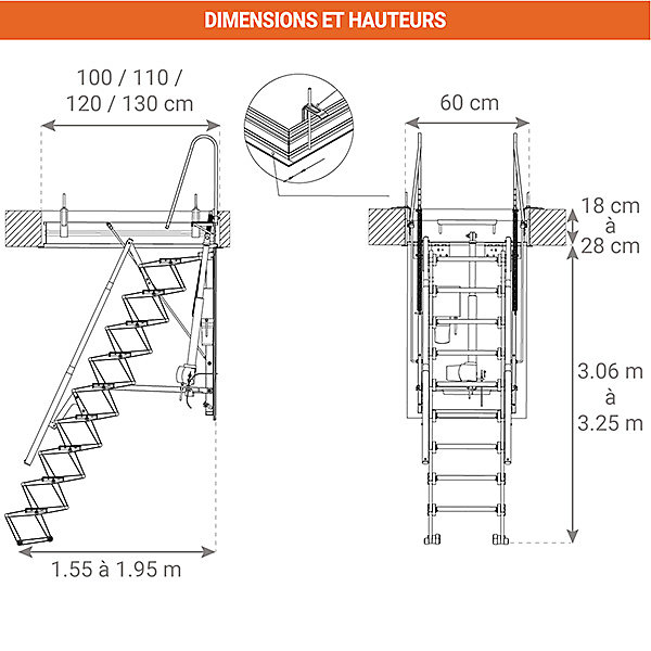 Escalier Grenier Electrique - Trappe 60x100cm - Hauteur 3.06 à 3.25m - ACI-THE325G/100X60