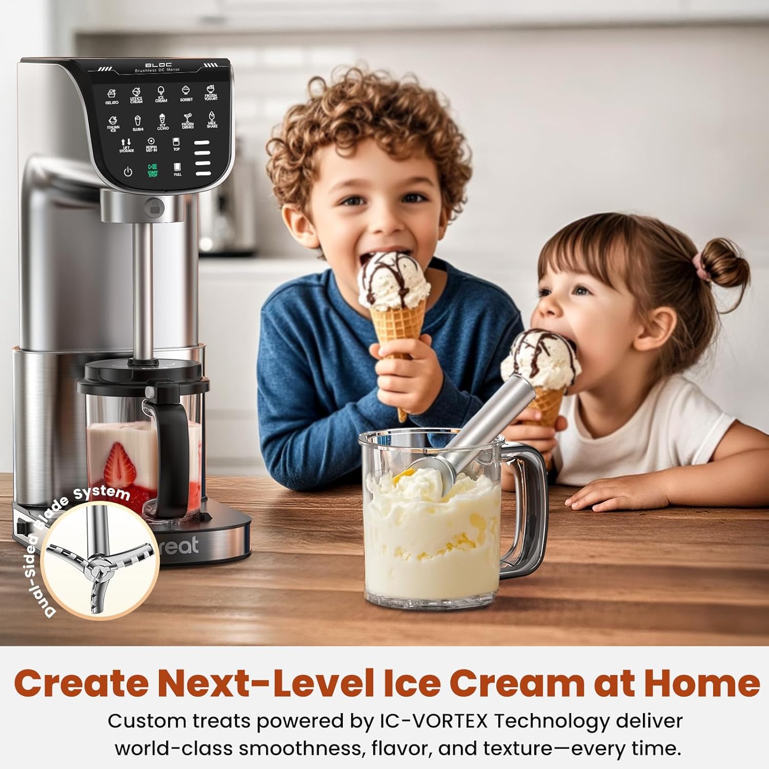 Ice Cream Maker Machine 12-in-1, Full Automatic Stainless Steel Homemade Ice Cream Maker for Sorbet, Milkshake, Frozen Yogurt & More, Easy to Clean Ice Cream Machine, (3) Family-Sized Tritan Tubs