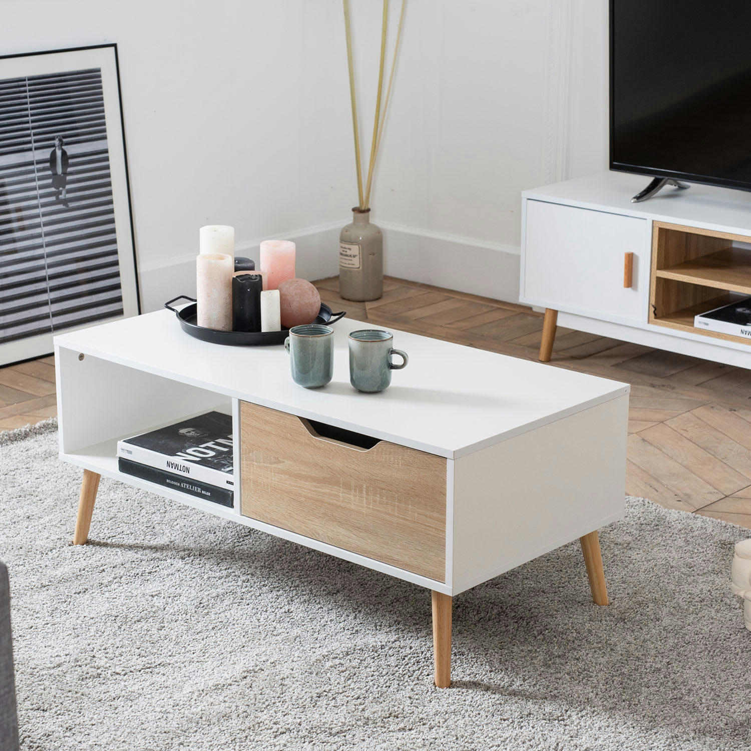 FREJA - Table basse style scandinave blanche avec tiroir