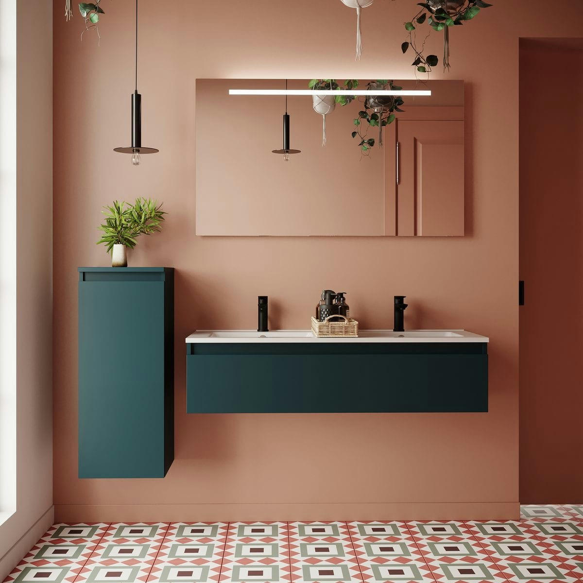 HUDSON - Meuble salle de bain 2 vasques posées 120cm 1 tiroir Bleu