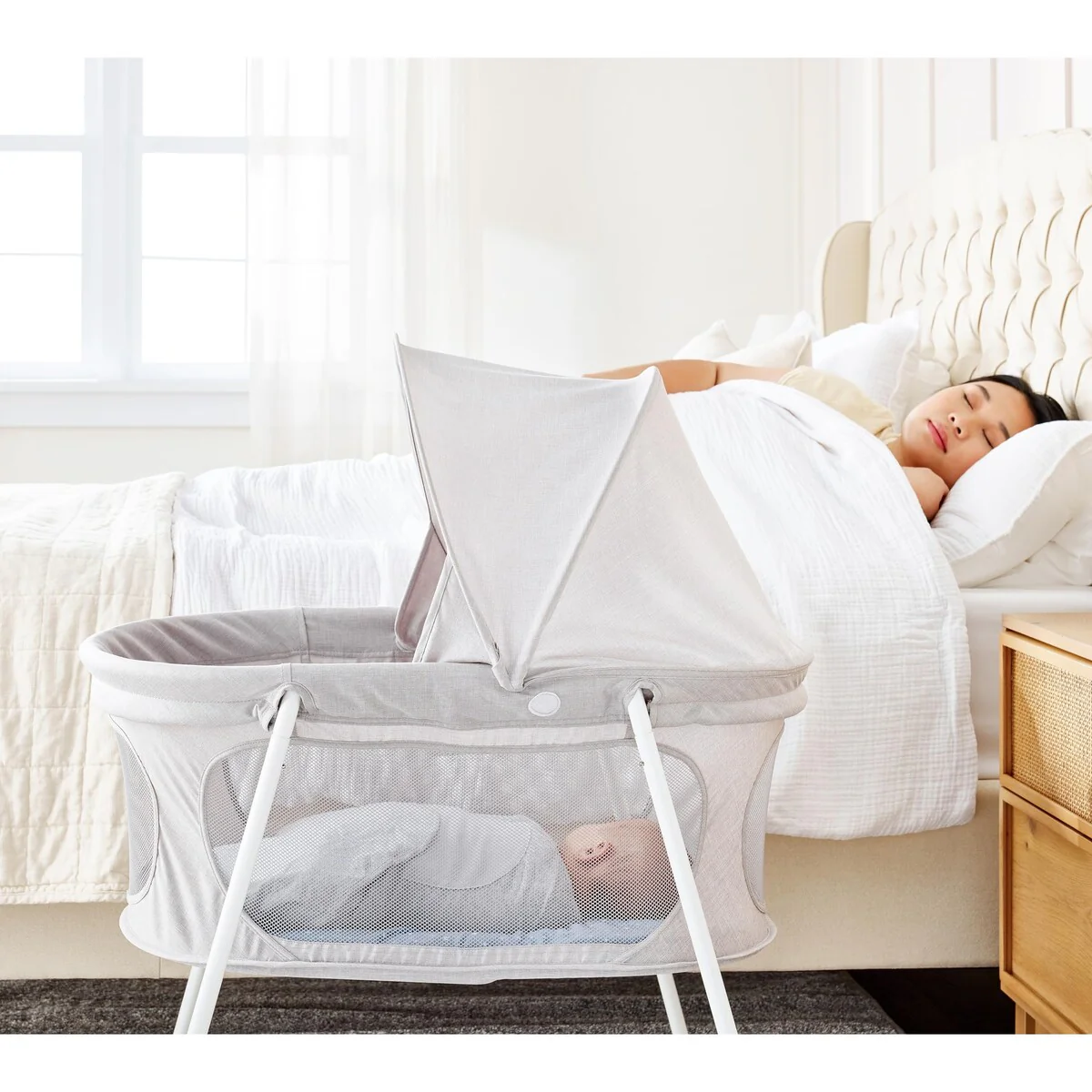 Baby Basics Infant Bassinet with Canopy, Award Winning Brand, Quick fold and Easy Setup, Removable Pad, See-Through Mesh