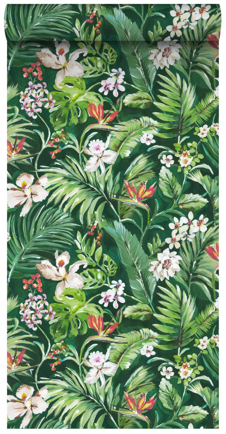 ESTAhome XXL behang tropische bladeren en bloemen emerald groen - 50 x 900 cm - 158893