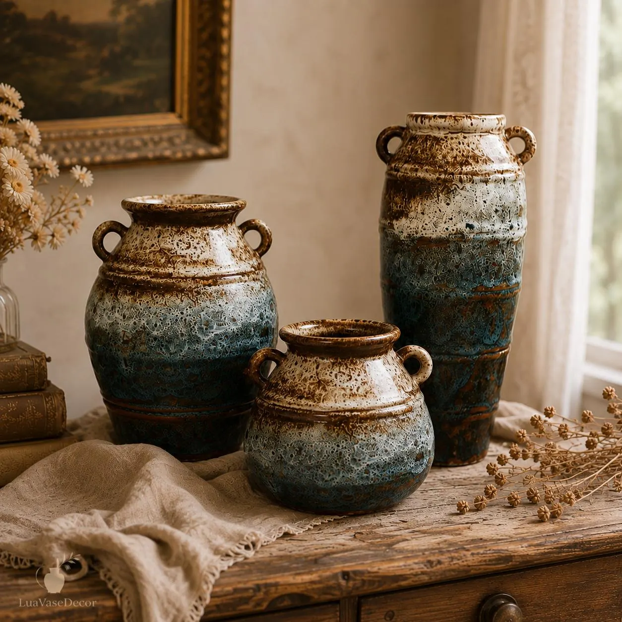 Reactive Glaze Ceramic Vase, Rustic Double Handle Urn, Vintage Boho Home Decor