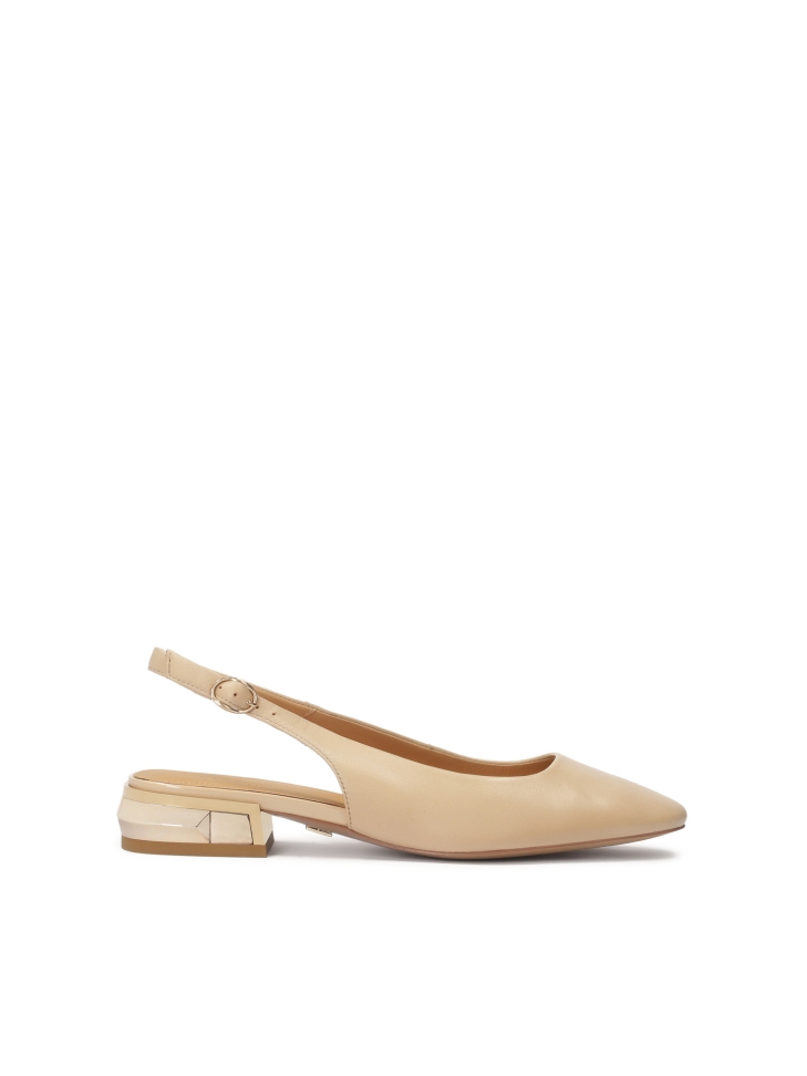 Beige pumps with metal embellishment on the heel