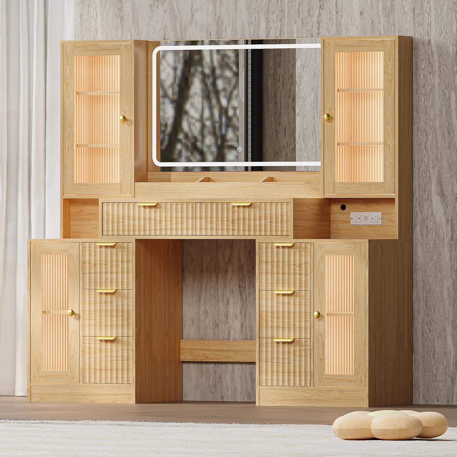 Fluted Makeup Vanity Desk with Mirror and Lights, 55 Glass Top Vanity with 8 Drawers & 4 RGB Glass Cabinets, Adjustable Shelves & Power Outlet, Modern Dressing Table Set for Women Girls Bedroom