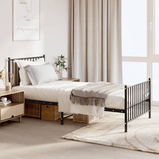 NNEVL Metal Bed Frame with Headboard and Footboard Black 92x187 cm Single