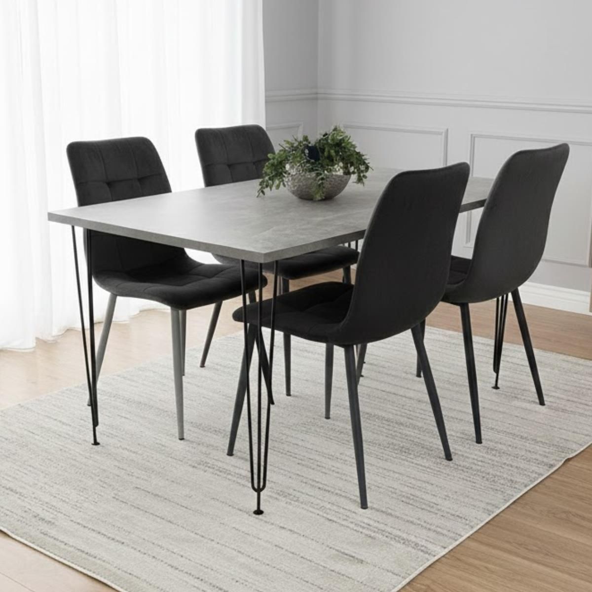 KOSY KOALA Dining Table With 4 Chairs Modern Grey Dining Table Set With 4 Black Velvet Chairs Dining Room Furniture