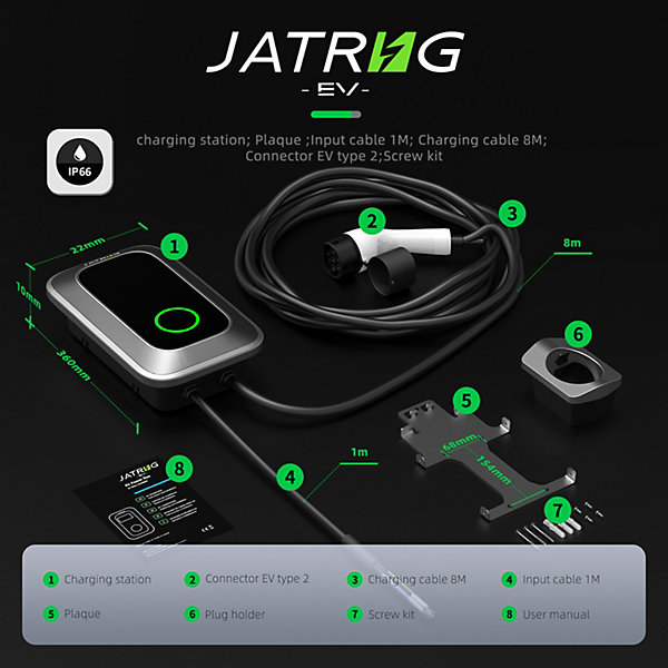 JATRHG S1 borne de recharge IP66 pour véhicules électriques, 7,2 kW / 32 A, monophasé, avec câble type 2 de 8 m