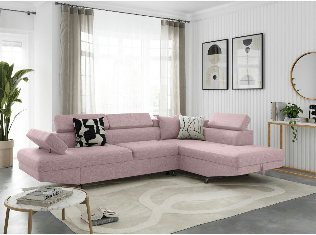 RIO - Canapé angle droit convertible avec coffre en tissu - Vieux rose