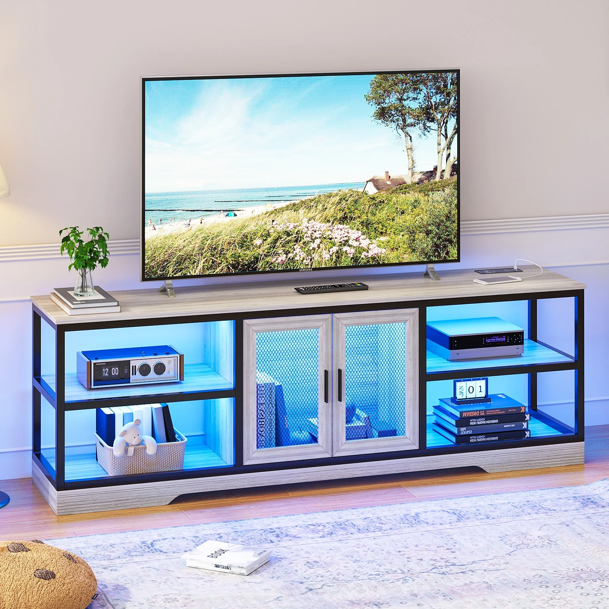 LED 2 Doors TV Stand with USB/Wireless Charging Station - n/a