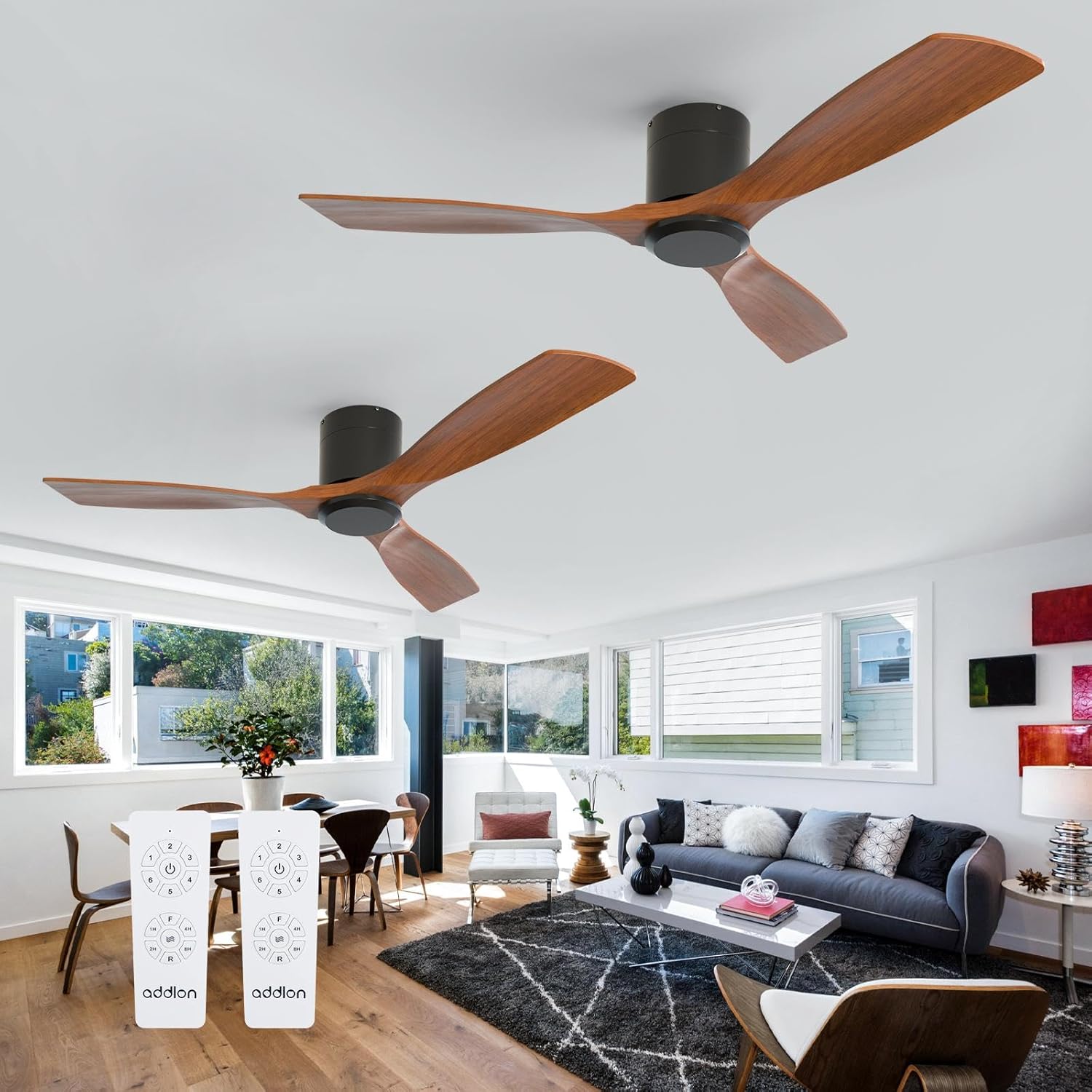 addlon 2 Pack 52 inch Ceiling Fans No Lights, Black Low Profile Ceiling Fan with Remote Control, Flush Mount, Reversible, 3 Wood Blades, 6 Speeds, Noiseless, Wood Ceiling Fan for Indoor/Outdoor Use