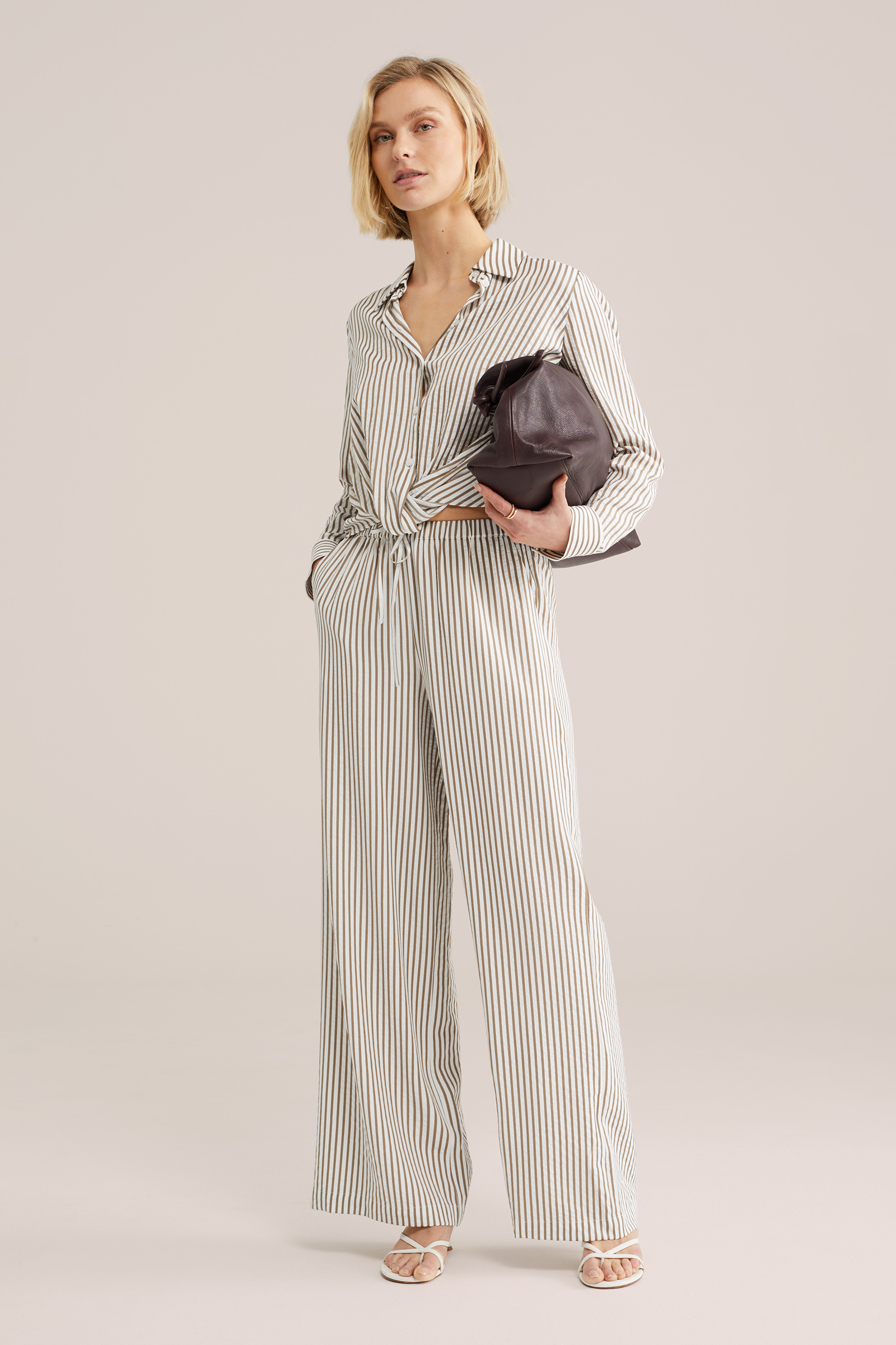 Dames wide leg seersucker broek met streep