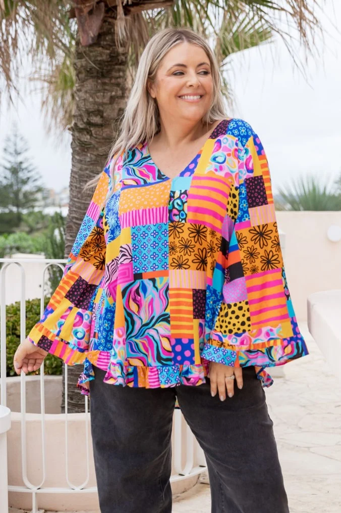 Long Sleeve Natalie Top in Tara's Patchwork by Kasey Rainbow