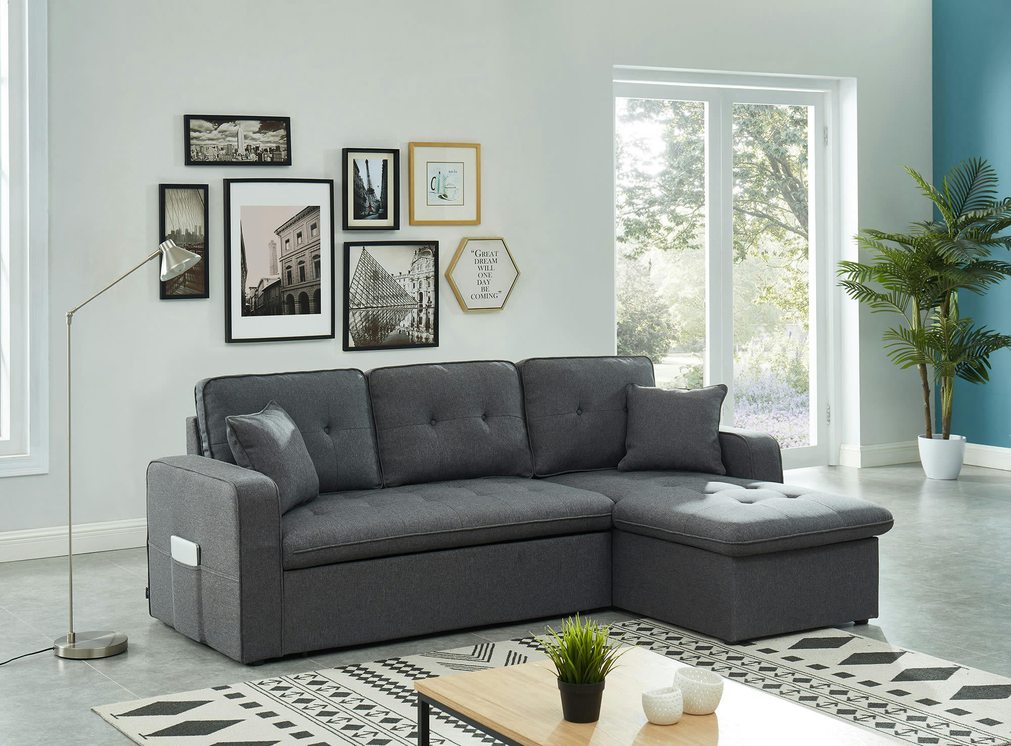 CANVAS - Canapé d'angle convertible en tissu 4 places anthracite