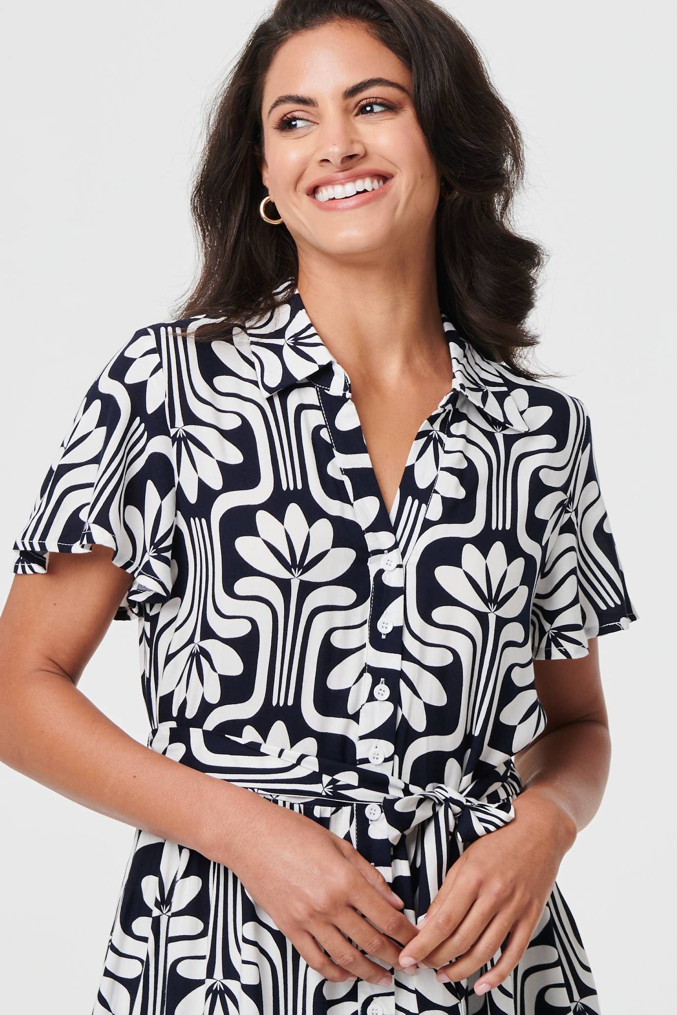 Izabel London Printed Short Sleeve Mini Shirt Dress