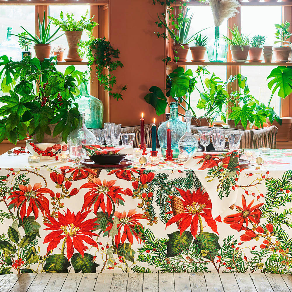 POINSETTIAS VINTAGE - Nappe carrée antitache déperlant pur coton rouge 155x155 cm