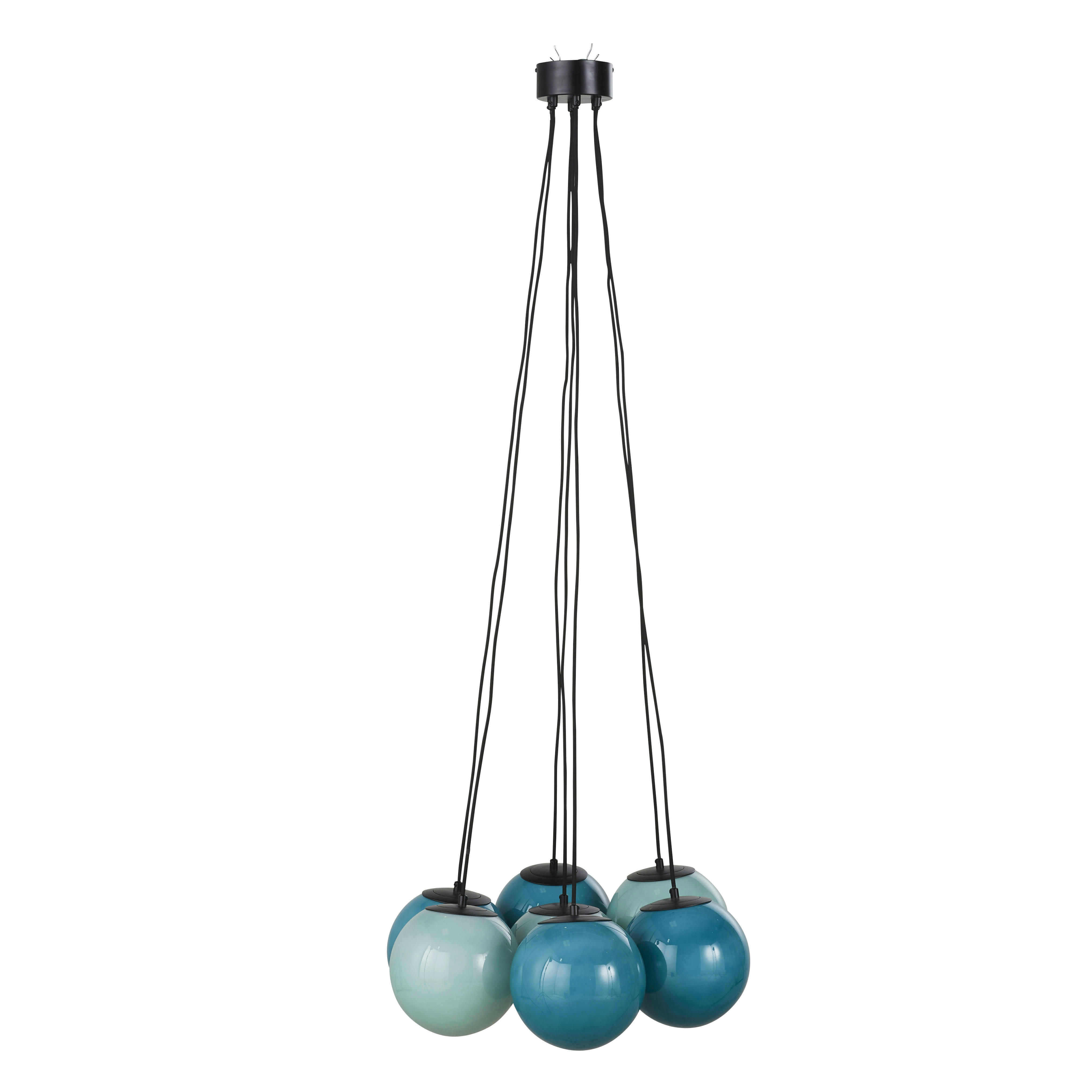 NELIO - Suspension 7 globes en verre bleu opaline