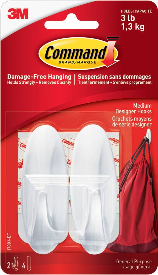 Command Medium Designer Hooks with Adhesive Strips, White, 3-lbs, 2 Strips per Pack