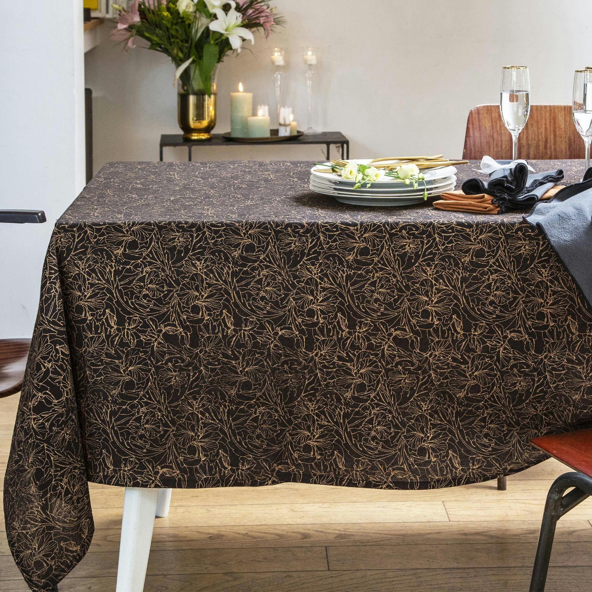 FLEUROR - Nappe 150x300 noir en coton