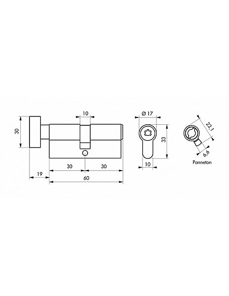 Cylindre de serrure à bouton Federal , 30Bx30mm, nickel, anti-arrachement, anti-perçage, 4 clés - THIRARD