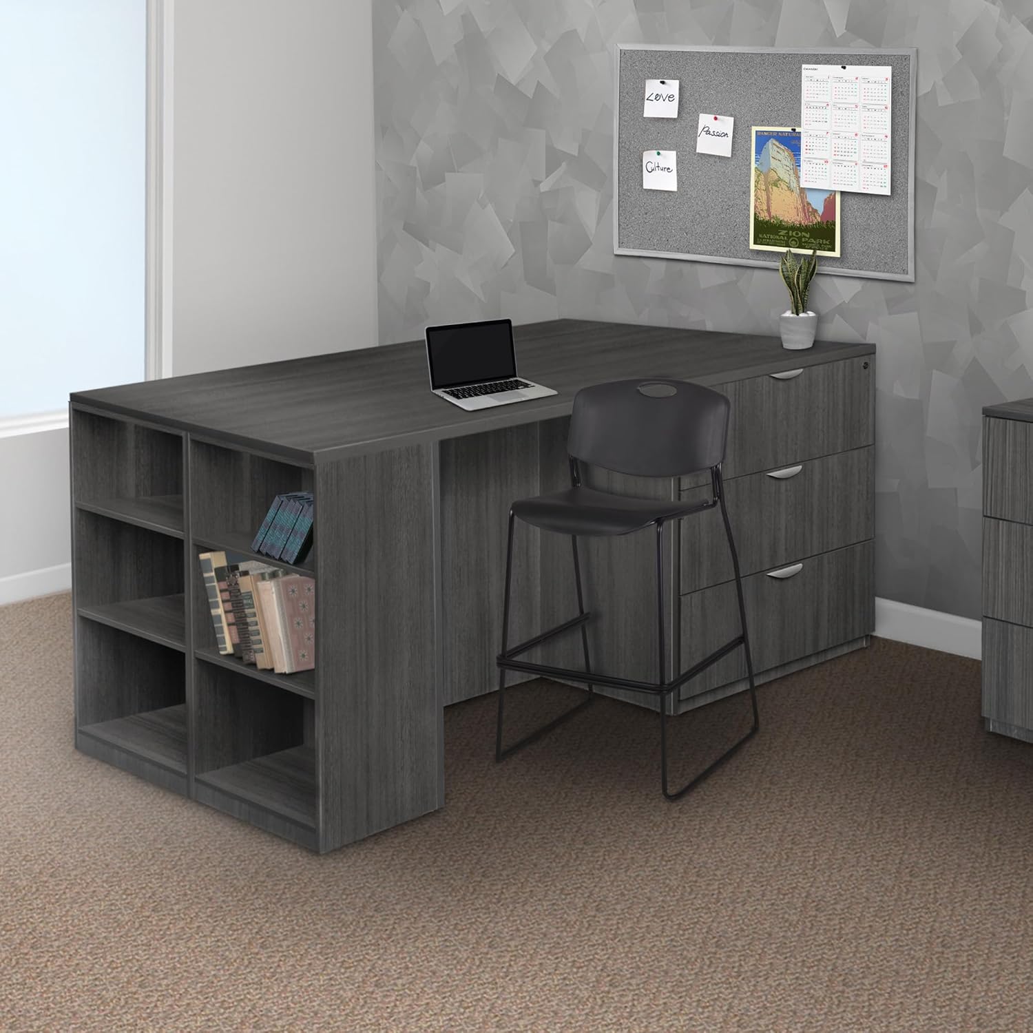 Romig Regency Legacy Stand Up Desk/3 Lateral File Quad with Bookcase End  Ash Grey