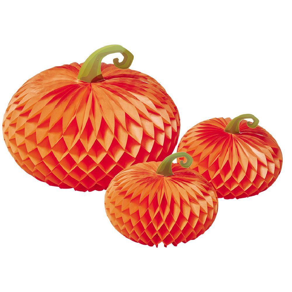 Suspension citrouille en papier orange et vert x3