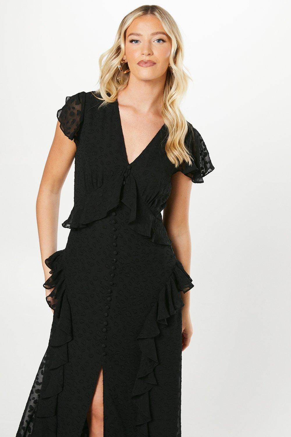 Debut London Debut London By Coast Flutter Sleeve Dobby Mesh Button Through Midi Dress