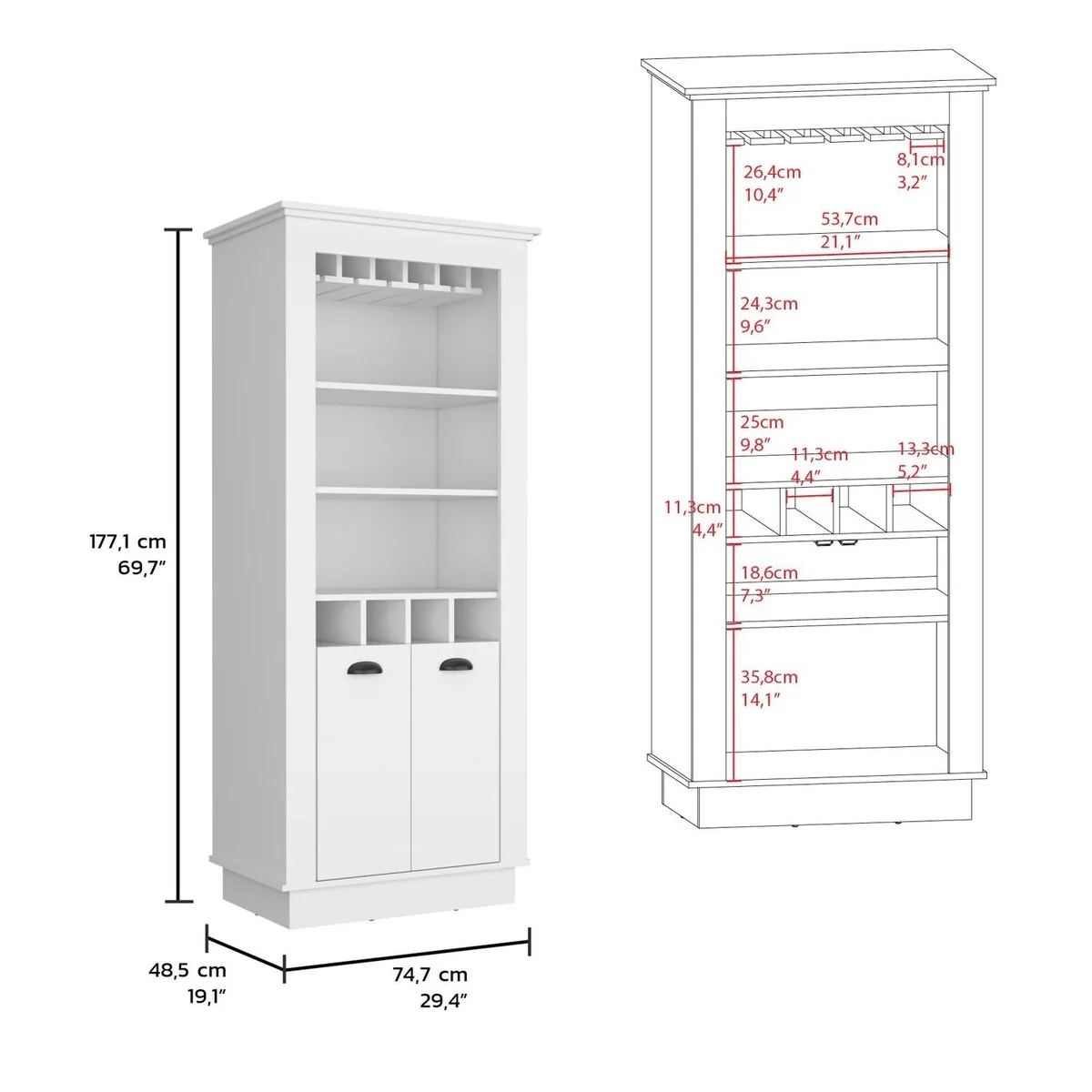 Lafayette Bar Cabinet, Upper Glass Holder and Dual Door Design