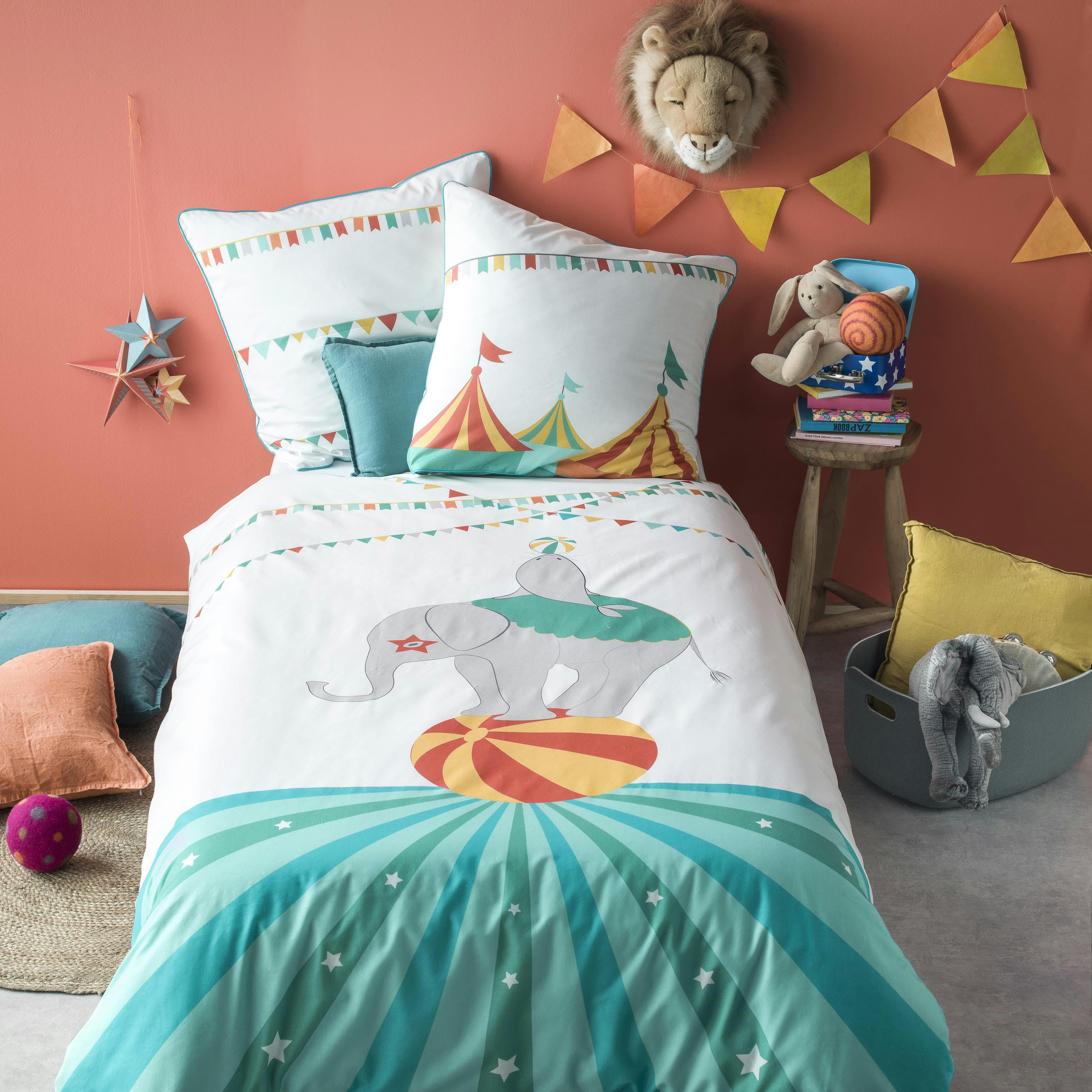 CIRQUE DE COULEURS - Parure de lit imprimée en coton  140x200+65x65cm Blanc/bleu