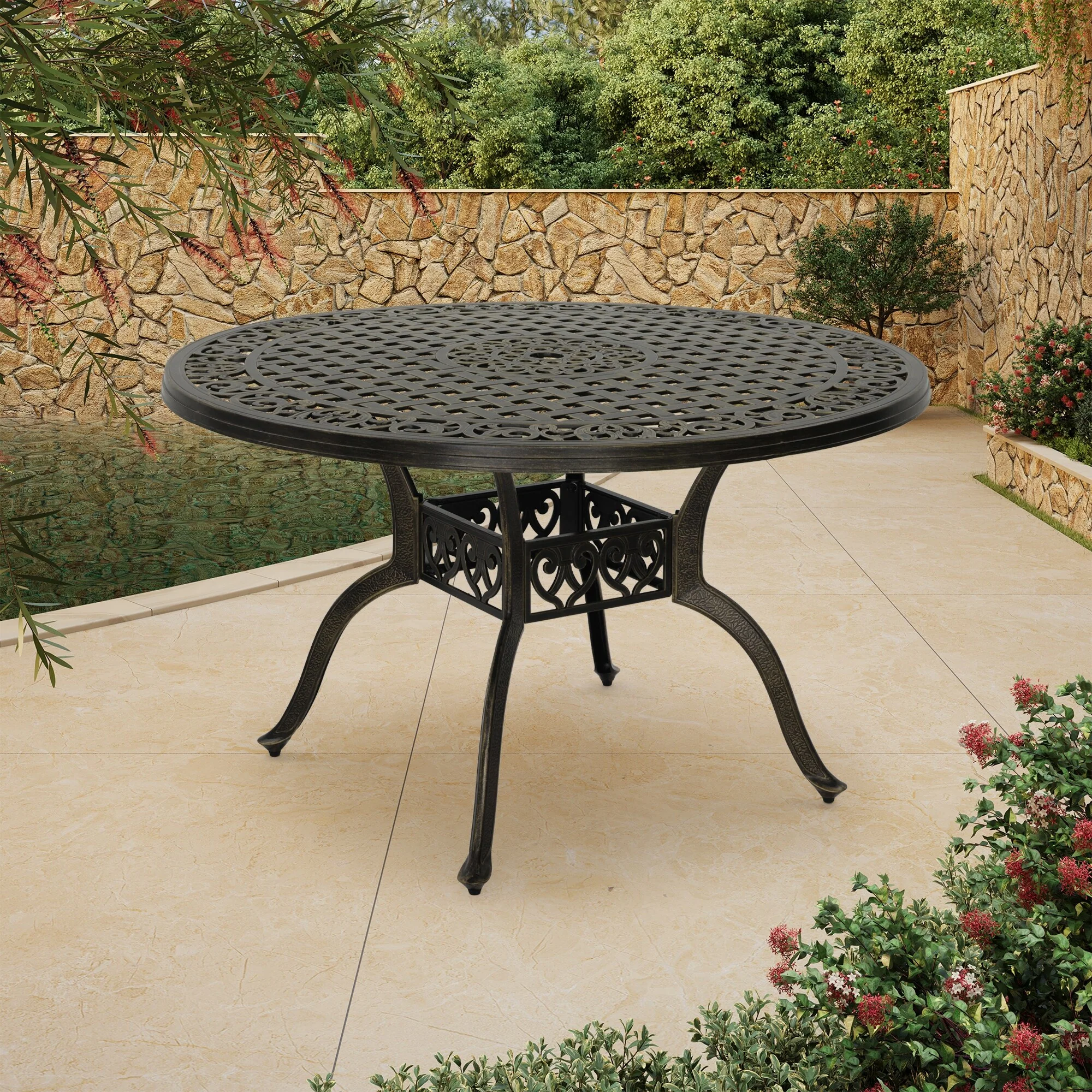 Clihome 47 Cast Aluminum Patio Round Dining Table in Bronze