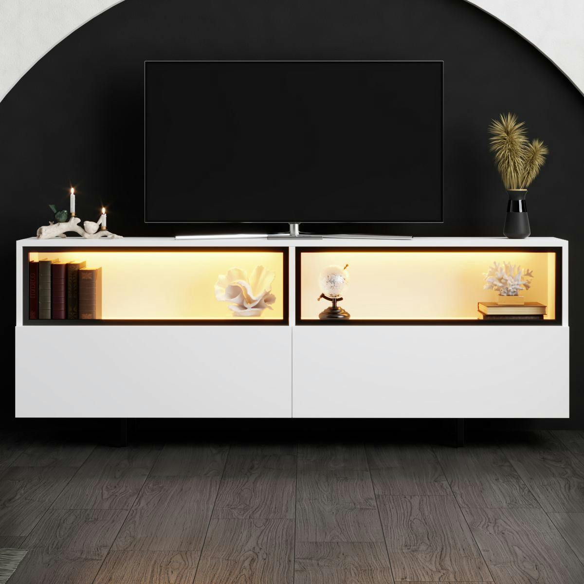 Meuble TV blanc 2 portes 2 niches hautes LED AURA