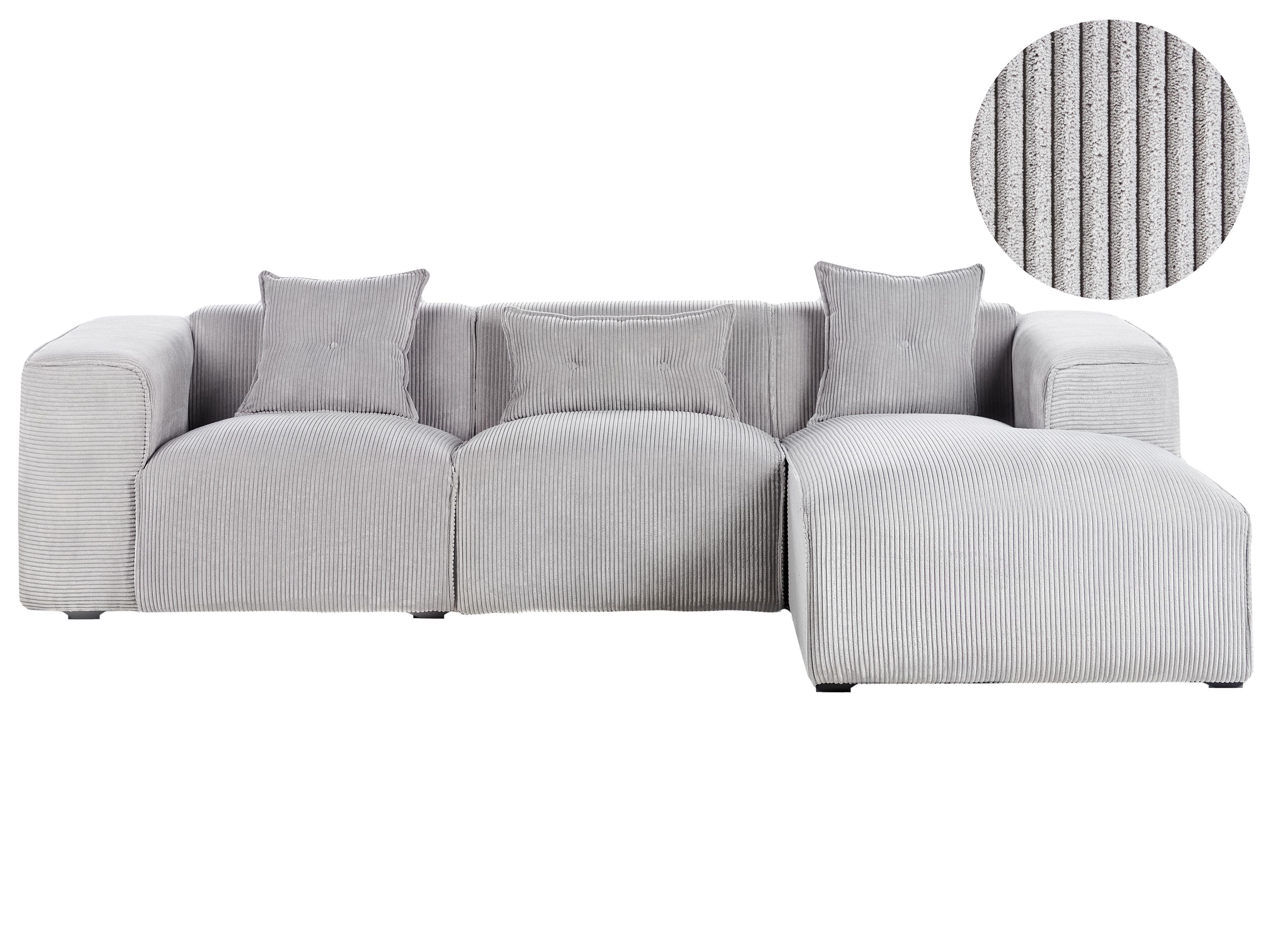 Corner Sofa 3 Seater DOLVA Corduroy Light Grey Right Hand