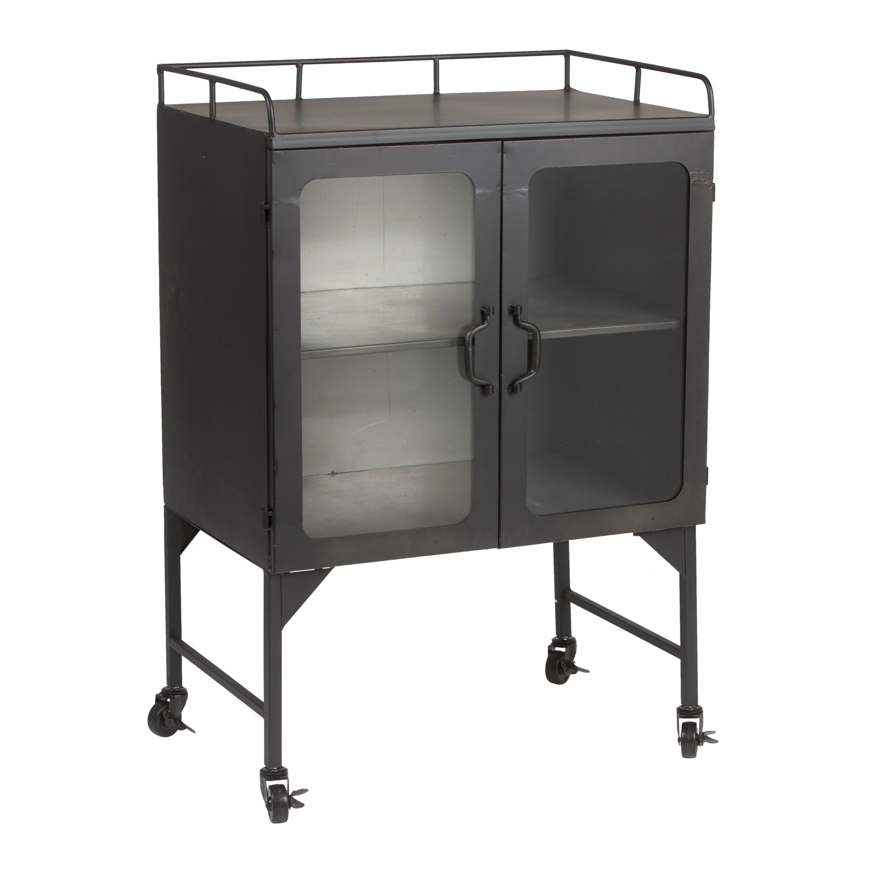 Metal Cabinet with Glass Doors and Wheels