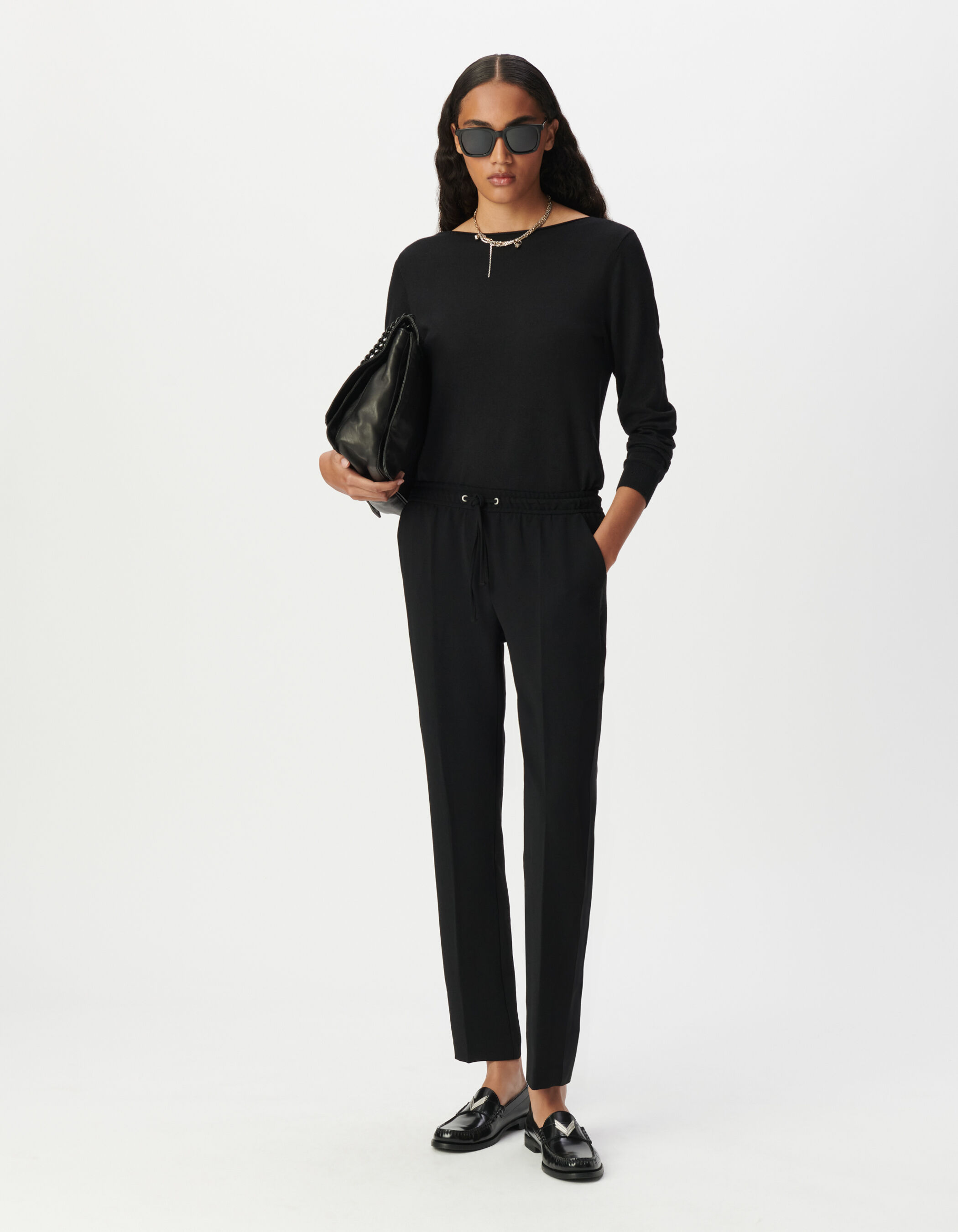 Pantalon droit noir ceinture élastiquée Femme