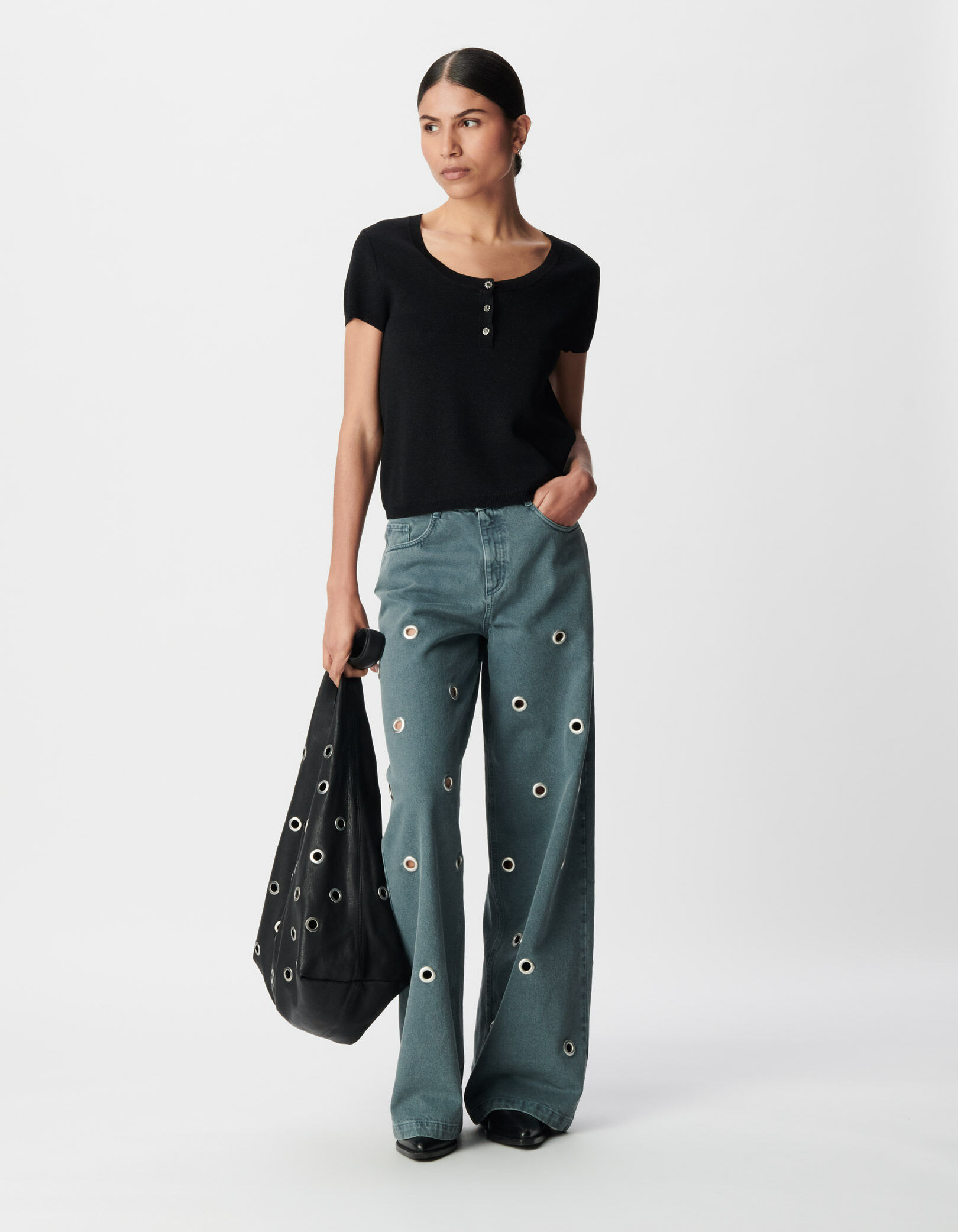 Pull fin noir pailleté encolure boutonnée Femme