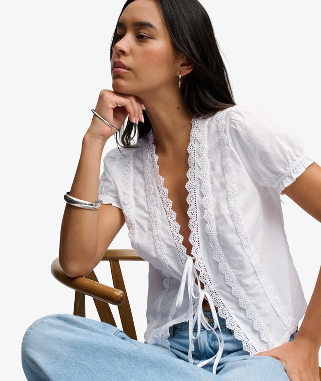 Lace Trim Tie Blouse