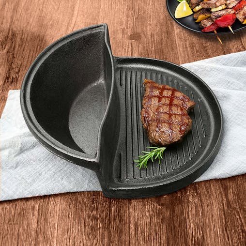 SOGA 2X 2 in 1 Cast Iron Ribbed Fry Pan Skillet Griddle BBQ and Steamboat Hot Pot