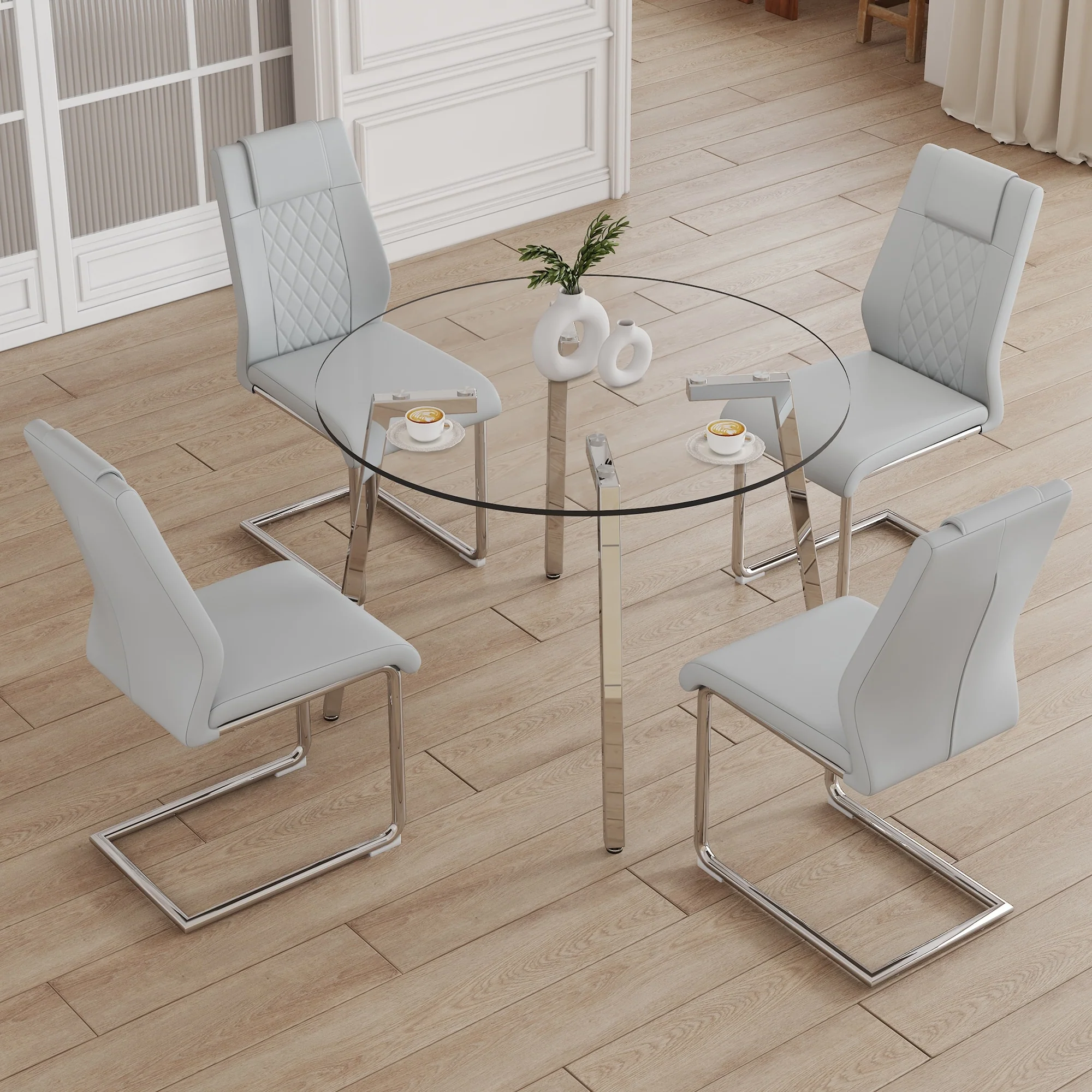 Modern Dining Set with Round Clear Tempered Glass Table and PU Leather Grid Chairs