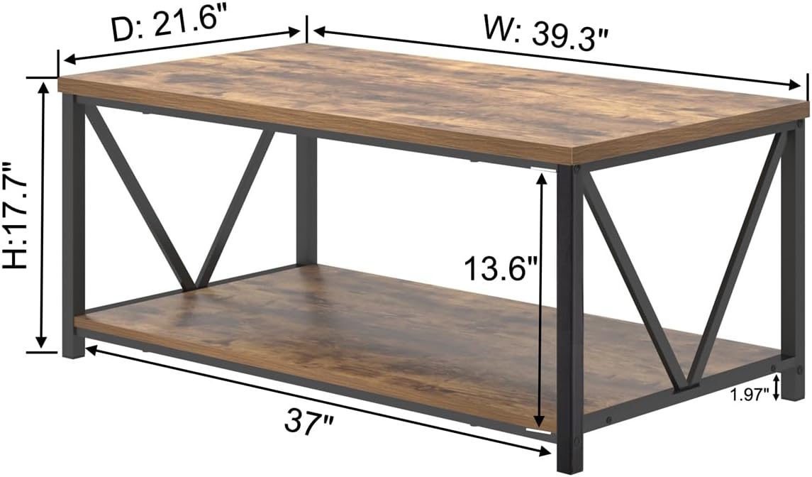 EXCEFUR Modern Coffee Table, Industrial Metal and Wood Living Room Table with Storage Shelf, Rustic Brown