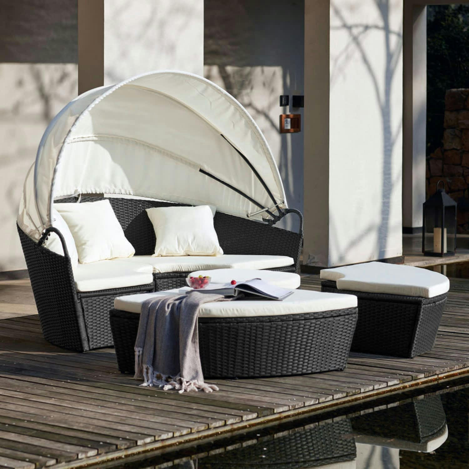 CIRCO - Salon de jardin modulable 4/6 pers en résine tressée poly rotin noir