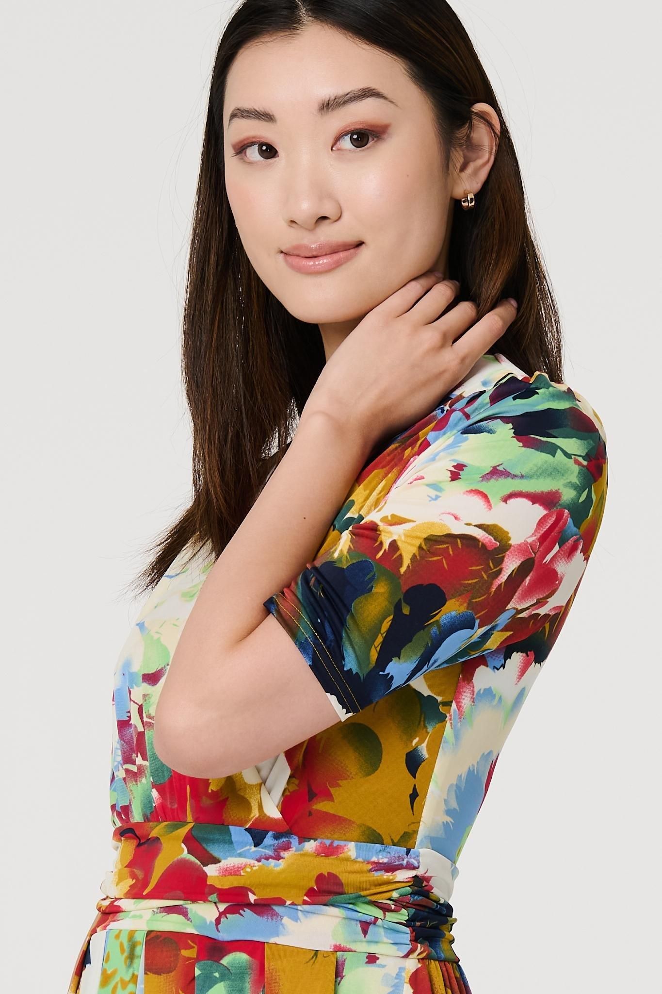 Izabel London Floral 1/2 Sleeve Midi Faux Wrap Dress
