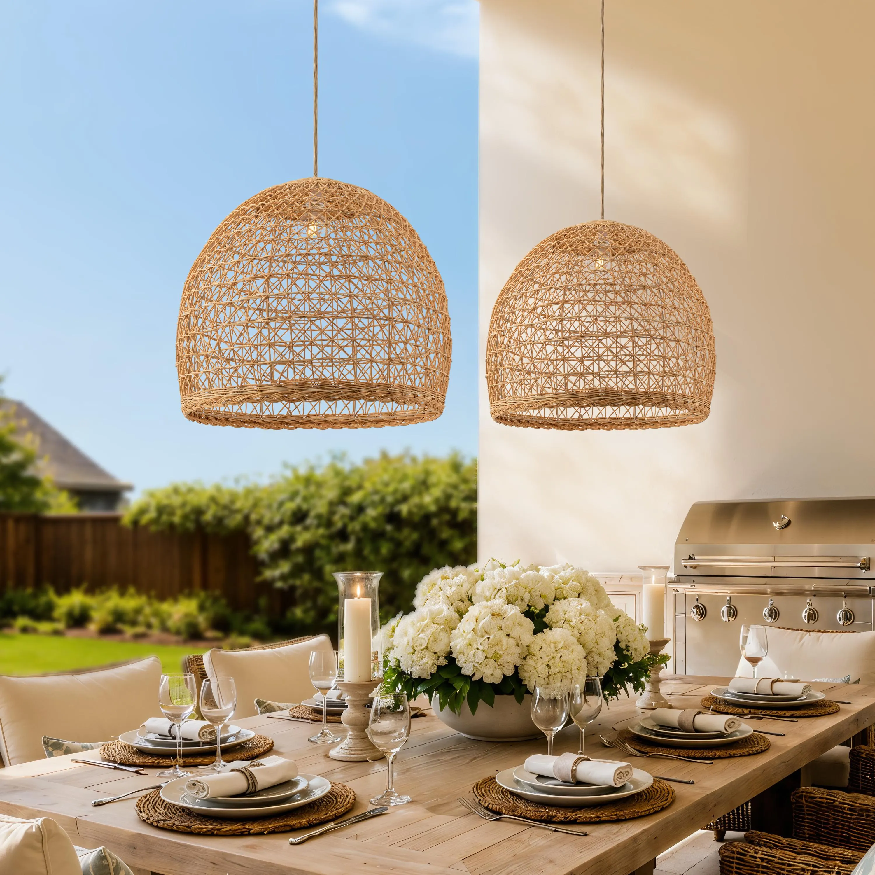 Outdoor Rattan Pendant Light - Lumiere Woven Hanging Lamp for Patio, Kitchen Island, Dining Room & Porch