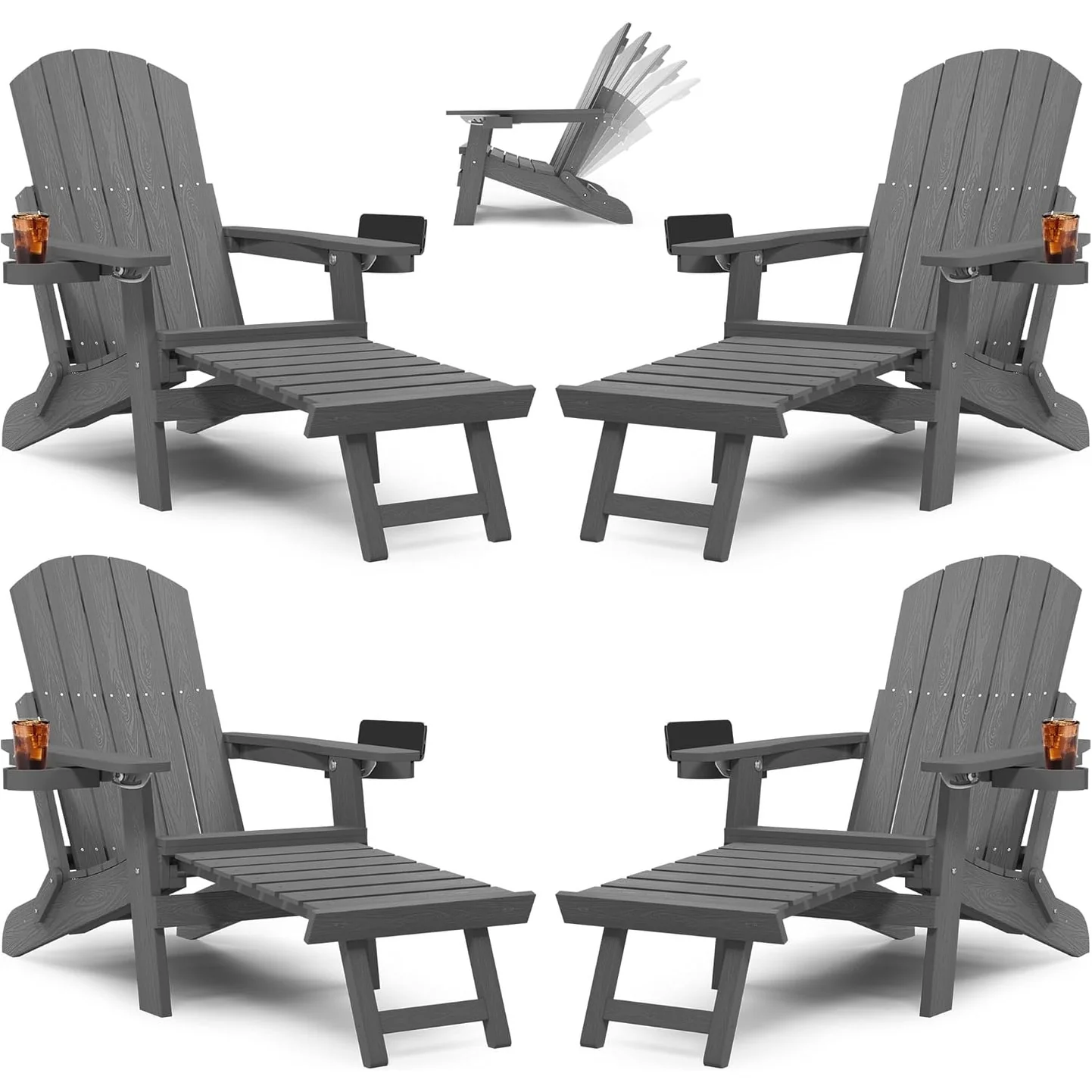 WINSOON All Weather HIPS Folding Adirondack Chair 5-Gear Adjustable Backrest Chairs with Retractable Ottoman Set of 4