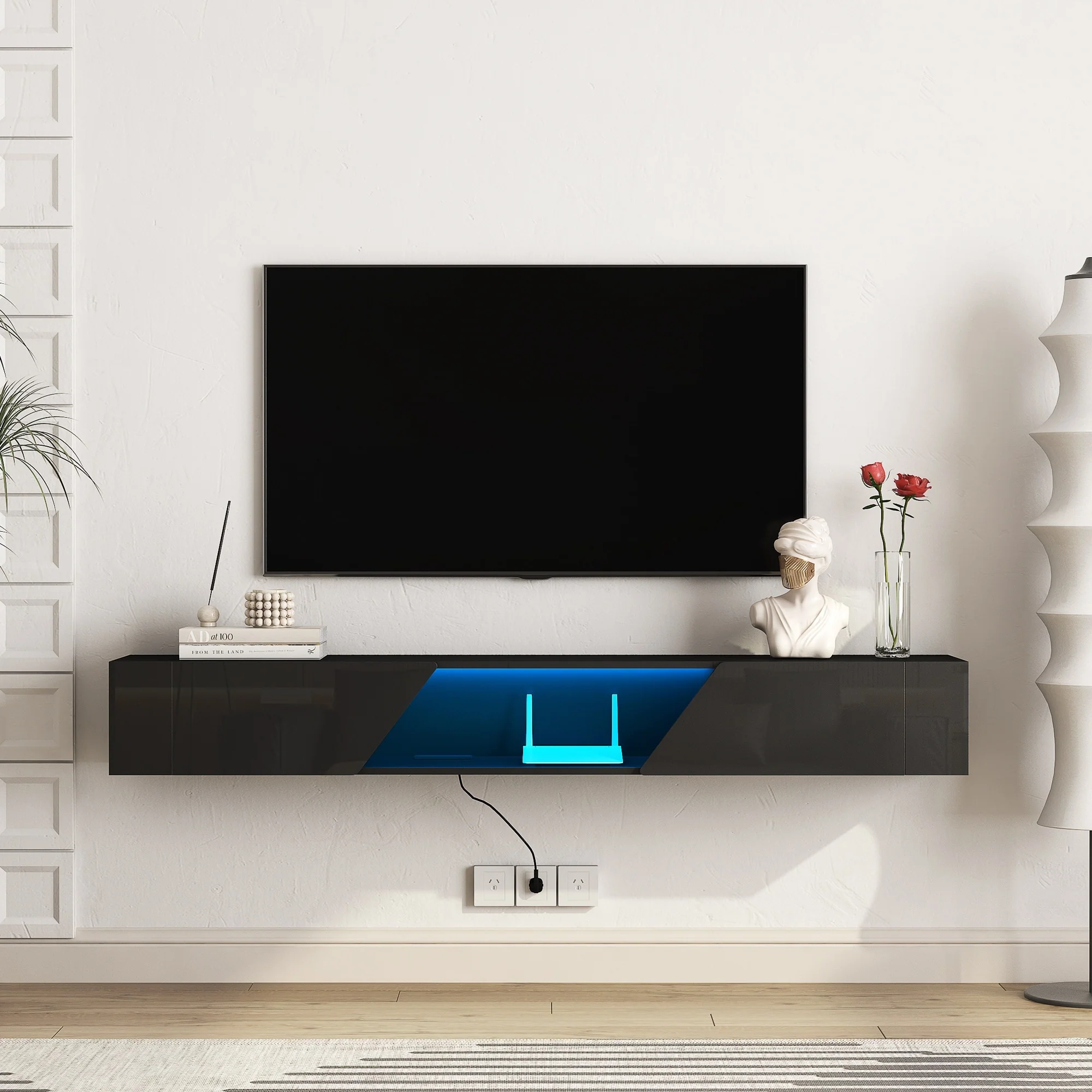 69-Inch Wall-Mounted Floating TV Stand with 16-Color LED Lights ,Modern Entertainment Center