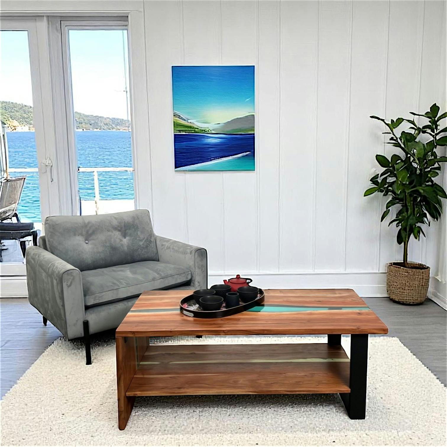 Table basse rivière epoxy lagon et bois d'acacia BORA