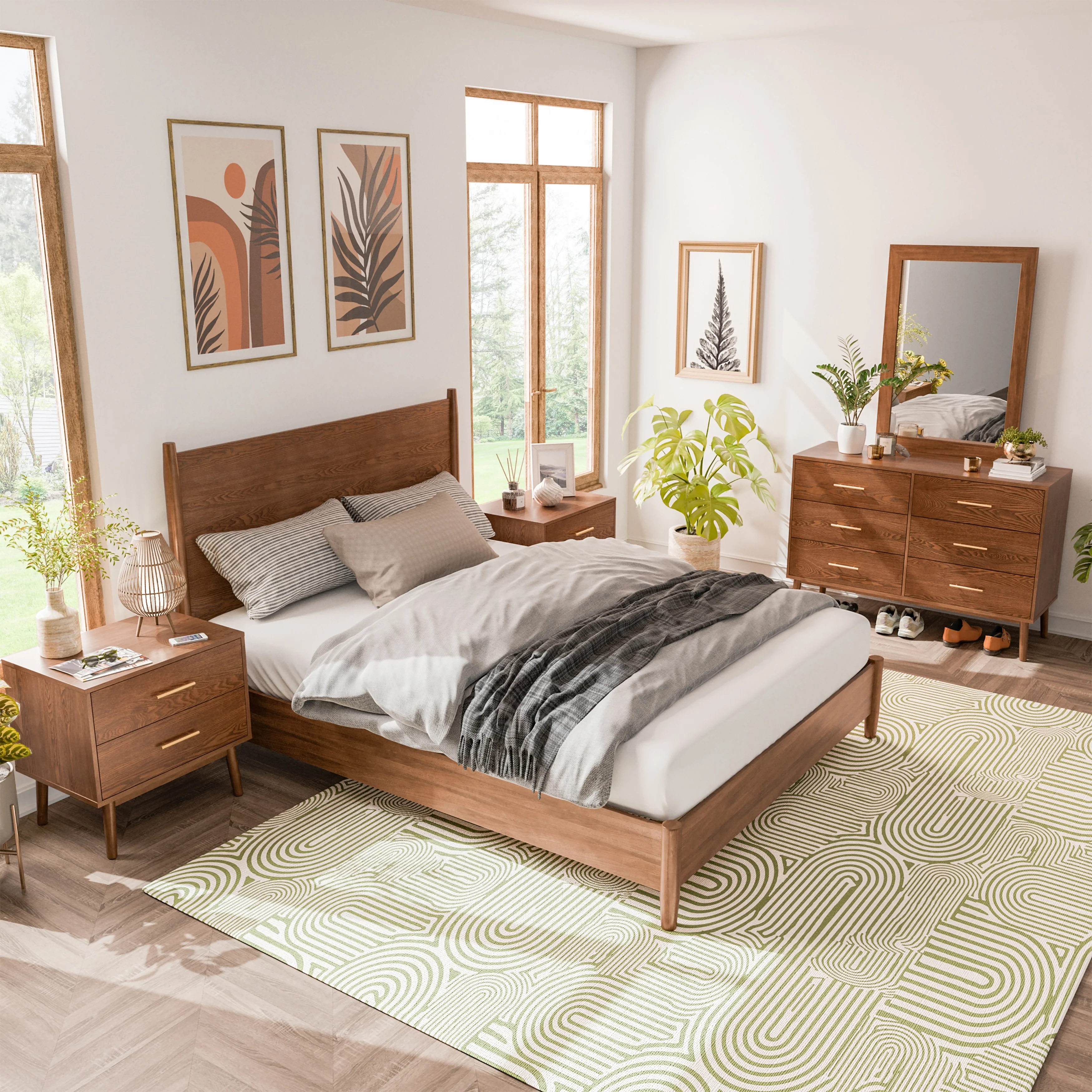 Furniture of America Beau Midcentury 5-Piece Walnut Queen Bedroom Set