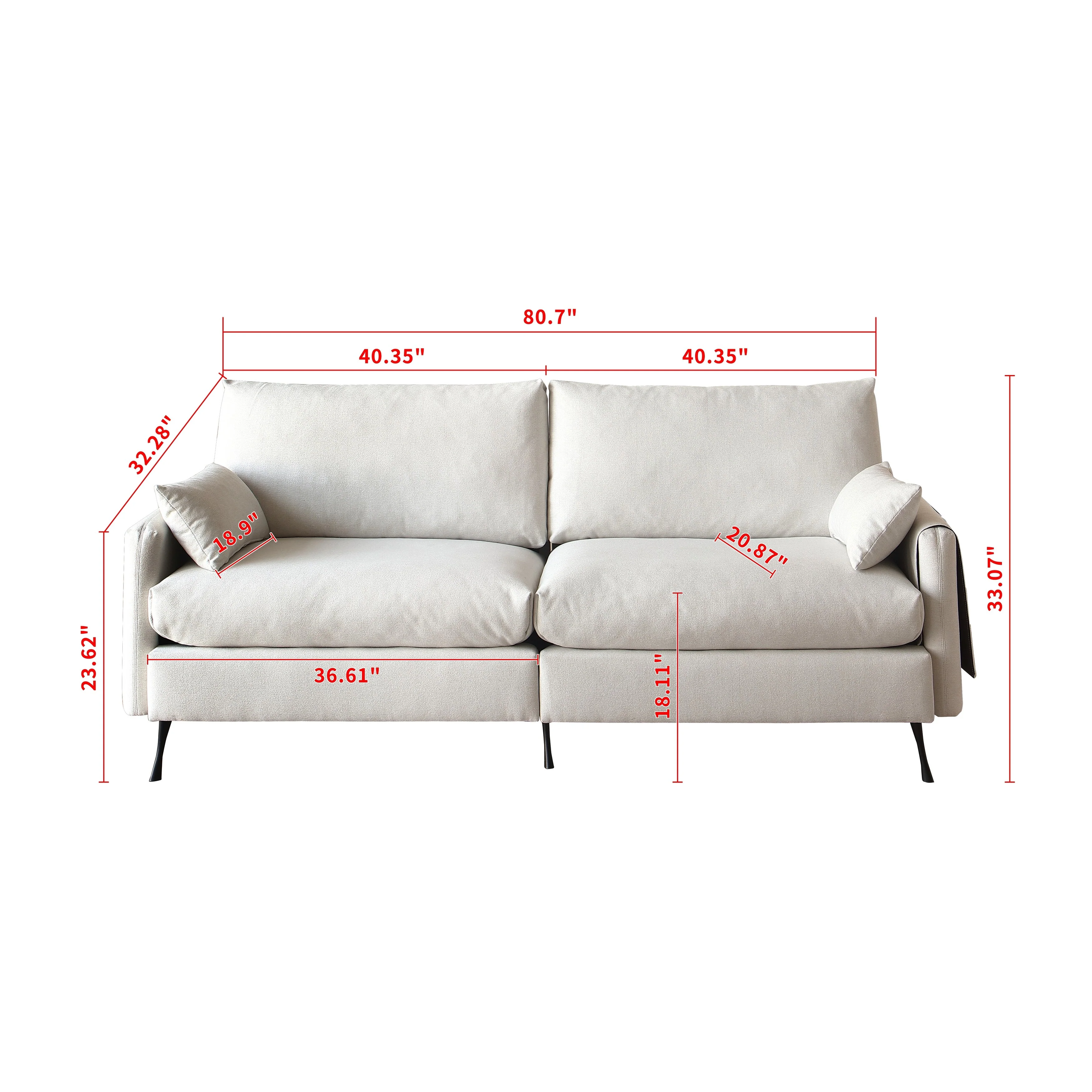 Deep 3-Seater Cloud Couch With 2 Armrest Pillows And 2 Toss Pillows, Love Seat Bedroom Office Apartment