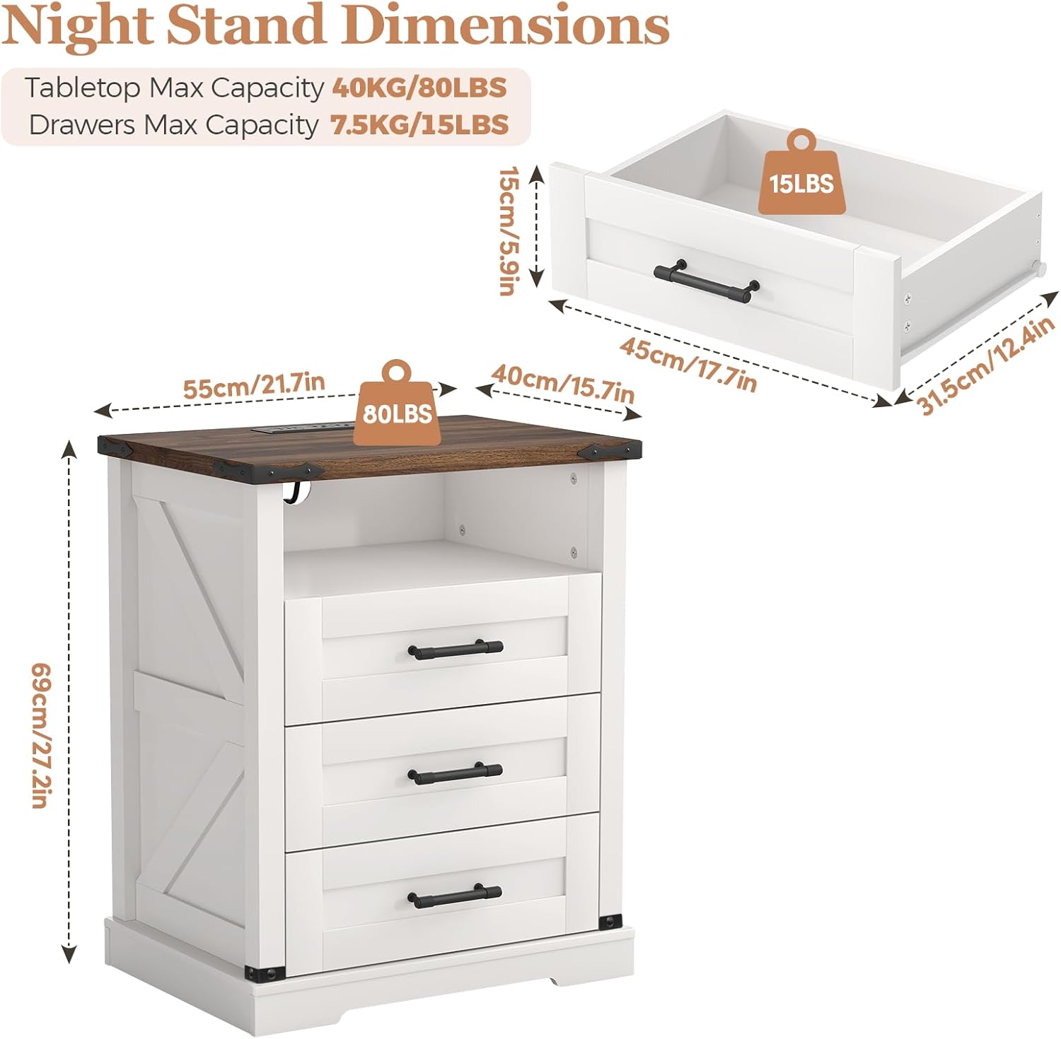 Turosur Night Stand with Charging Station 22 Large Farmhouse Nightstands with 3 Drawers and Open Storage Smart Bedside Table with Human Sensor LED Light End Tables for Bedroom White