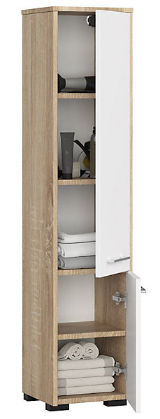 Colonne salle de bains AKORD FIN Chêne Sonoma 30 cm 2 portes façade Blanche 5 étagères 30x30x140 cm